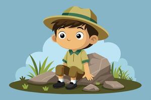 A young explorer wearing a hat sits on a rock surrounded by grass and clouds in a playful outdoor setting during daytime vector