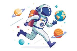 An astronaut running among colorful planets and stars in a vibrant depiction of space exploration and adventure vector