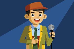 A young comedian performing on stage with a microphone in a well-lit venue during a lively evening entertainment event vector