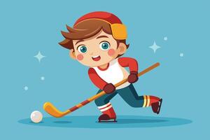 A young boy enjoys playing hockey on ice with a stick and puck, showcasing excitement in a bright blue background setting vector