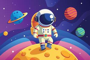 An astronaut explores a colorful moon landscape with planets in the background during a whimsical cosmic adventure vector