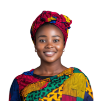 Smiling Woman in Colorful Headwrap with Bright Expression png