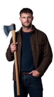 Man Holding Axe with Confident Expression on Transparent Background png