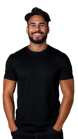 Smiling man wearing black t-shirt with hands in pockets on transparent background png
