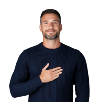 Confident man smiling with hand on heart on transparent background png