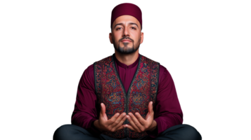 Man in traditional attire meditating with hands raised on transparent background png