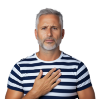 Concerned man with hand on chest expressing empathy on transparent background png