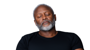 Calm man with closed eyes and gray beard on transparent background png