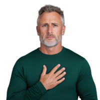 Concerned man with hand on chest expressing empathy on transparent background png