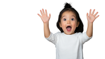 Excited child with raised hands expressing joy on transparent background png