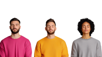 Group of three people meditating with closed eyes on transparent background png
