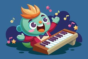 A cheerful cartoon character plays a keyboard surrounded by musical notes, celebrating creativity and fun in a vibrant setting vector