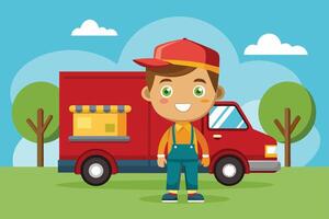 A young boy in overalls and a baseball cap stands by a red food truck in a sunny park with trees and a blue sky in the background vector