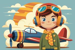 A young aviator stands confidently in front of a colorful airplane against a backdrop of fluffy clouds and a vibrant sunset vector