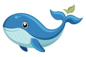 A cheerful cartoon blue whale swimming happily with a leaf on its tail in a playful underwater scene vector