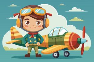 A young aviator poses proudly beside a colorful vintage airplane against a backdrop of fluffy clouds vector