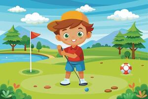A young boy practicing his putting skills on a sunny day at a golf course with trees, mountains, and a small lake in the background vector