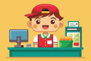 A cheerful young cashier working at a counter with a computer, cash register, and a basket of oranges in a bright, colorful setting vector