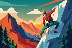 A climber scales a rugged mountain during a colorful sunset with vibrant clouds and forested peaks in the background vector