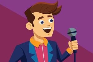 A cheerful performer entertains the audience with a microphone during a vibrant stage event in a lively venue vector
