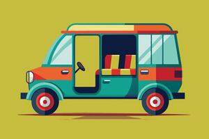 A colorful retro-style three-wheeled vehicle parked against a bright green backdrop showcasing a cheerful design and playful aesthetic vector