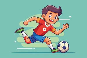 A young boy in a red jersey happily runs while kicking a soccer ball on a bright, colorful background, showcasing his enthusiasm for sports vector
