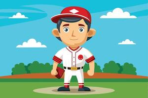 A cartoon baseball player stands on the pitcher's mound in a bright sunny park with green trees and a blue sky during daytime vector
