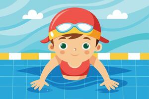 Young boy enjoying swimming in a sunny pool with a bright blue sky and fluffy clouds in summer vector
