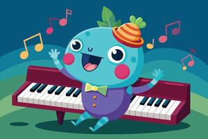 A cheerful blue character with a hat plays the piano and sings joyfully, surrounded by musical notes in a colorful landscape vector