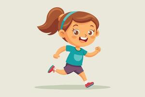 Happy cartoon girl running joyfully in a turquoise shirt and shorts on a simple background during daytime vector