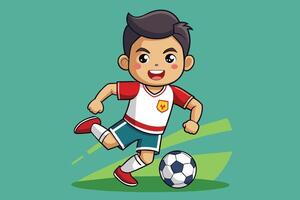 Young boy playing soccer with enthusiasm on a bright background, showcasing his skills and joy during an outdoor activity vector