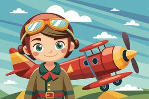 Young aviator stands proudly in front of a red biplane on a bright, sunny day in a cartoon landscape with puffy clouds vector