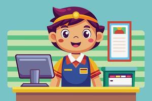 A cheerful boy at a colorful counter in a vibrant cartoon-style shop setting, ready to assist customers during the daytime vector