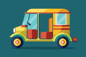 A colorful yellow auto rickshaw parked against a simple teal background showcasing its distinctive design and seating arrangement vector