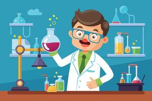 A young male scientist conducts an experiment in a colorful laboratory filled with various glassware and equipment during the daytime vector