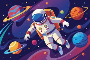 Astronaut floating in space among colorful planets and stars in a vibrant cosmic scene vector