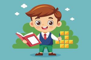 A cheerful boy holding a book and a pen stands in front of a green backdrop with colorful geometric shapes during a sunny day vector