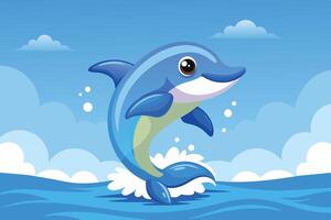 A cheerful blue dolphin leaping playfully from turquoise waves under a bright sky filled with fluffy clouds vector