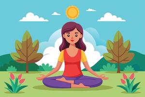 A woman practicing meditation in a serene outdoor setting under a bright sun with fluffy clouds and lush greenery surrounding her vector