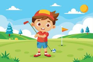 A young boy enjoying a sunny day playing golf on a vibrant green course with trees, clouds, and a flag marking the hole vector
