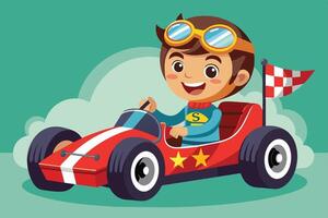 Young boy enjoying a joyful ride in a colorful race car, surrounded by playful clouds in a cheerful cartoon style vector