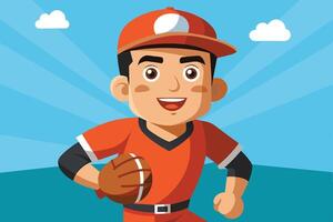 Cheerful boy in a baseball uniform holds a ball while running on a sunny day in a vibrant outdoor setting vector