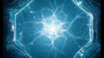 Soft ambient glow with focus on bright neuron centers. Camera zooms into brain, moving closer to observe neurons firing in rhythmic patterns video