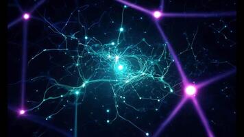 Dark background with highlighted, glowing neuron pathways, camera flies through a complex neural network, passing close to neurons as they emit small electrical surges video