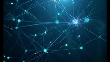 Cool, ambient light with deep shadows, camera tilts downward to unveil a sprawling network of interconnected neurons illuminated in blue video