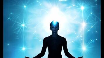 Silhouette of a person meditating with an illuminated third eye, surrounded by radiant cosmic energy and glowing lights, symbolizing spiritual enlightenment and connection to the universe video