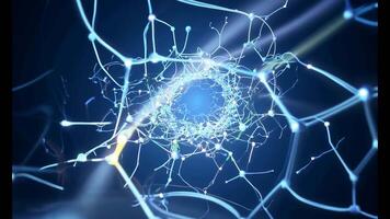 Soft, dynamic lighting with vibrant neuron pulses, camera arcs around a dense cluster of neurons, highlighting the connections and glowing synapses video