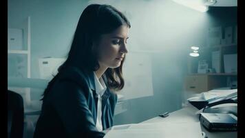 The camera zooms in slowly on a young woman, dark-haired, slouched at her desk with a resigned expression amid office clutter video