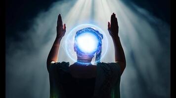Silhouette of a person raising their hands toward a glowing orb of light surrounding their head, radiating energy and surrounded by mystical rays, symbolizing enlightenment and spiritual awakening video