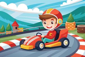 A young boy joyfully racing in a go-kart on a scenic track surrounded by rolling hills and trees on a sunny day vector
